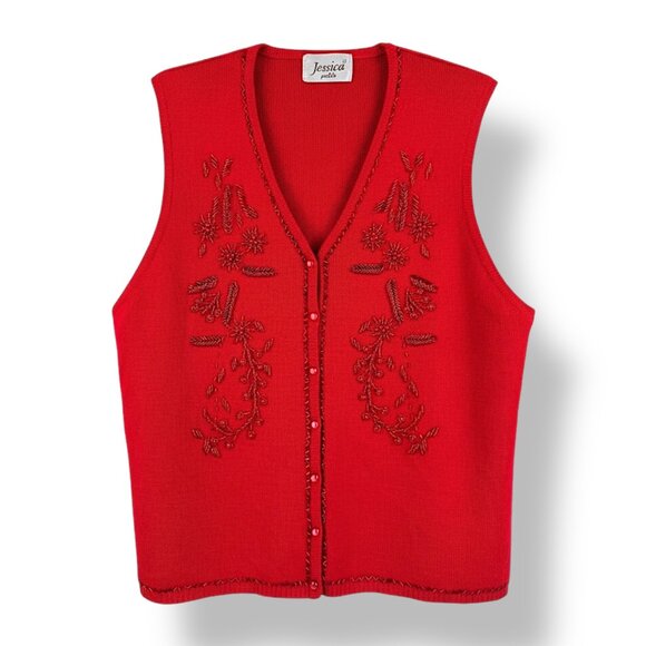 Vintage | M | Jessica | Beaded Knit Vest | Red | Cottagecore | Festive | Holiday - Picture 1 of 16